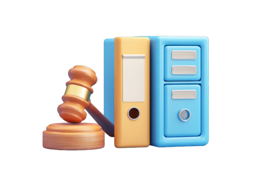 3D icon of a gavel, file folder, and filing cabinet.  Legal, business, documentation