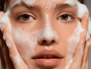 Woman Washing Face with Foam (Skincare)