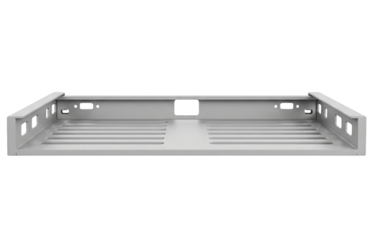 Vented metal shelf for a server rack isolated on a transparent background