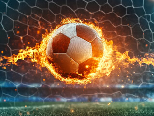 Burning Fiery Soccer Ball In Goal With Net In Flames