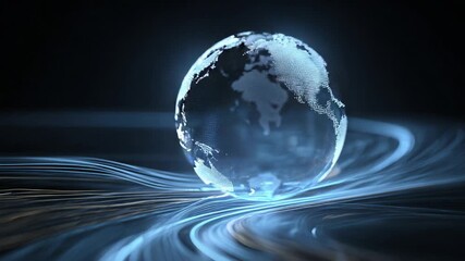 Blue crystal planet Earth with dotted continents slowly rotating over a swirling vortex of glowing light trails, representing global data transfer, communication, and technological networks