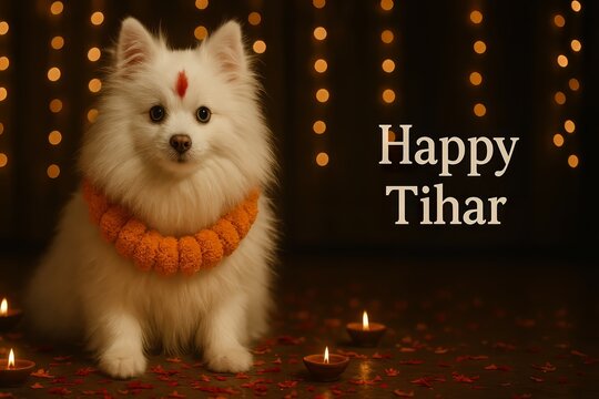 Dog with marigold garland for Tihar celebration with diyas and festive lights, Happy Kukur Tihar Nepalese festival concept with copy space