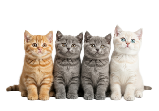 Four adorable British Shorthair kittens (ginger, two gray, beige), huddling on white studio background with copy space, looking up, heartwarming companionship concept.