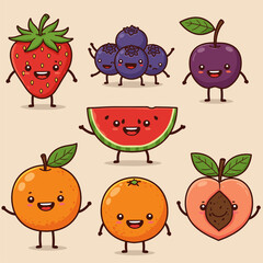 Adorable Kawaii Fruit Characters: Strawberry, Blueberry, Plum, Watermelon, Orange, and Peach Illustrations