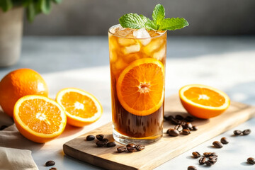 Glass of colorful cocktail of bumble or crazy bee with orange juice and espresso coffee on a dark table with fresh oranges.