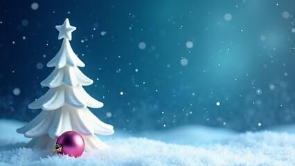 Background with white Christmas tree and pink bauble in the snow on blue backdrop