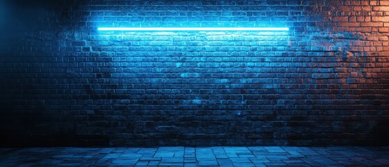 blue neon light on a brick wall at night