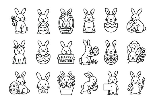 easter bunnies outline icon set