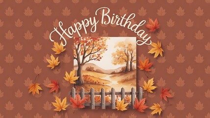 Happy Birthday Greeting Card with Autumn Leaves and Watercolor Landscape