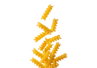 Dynamic Fall of Raw Fusilli Pasta Spirals on White Background - Uncooked Italian Food Ingredient in Motion