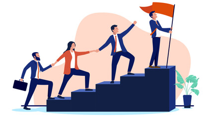 Business team of businesspeople climbing stairs together towards a red flag at the top, symbolising business success in a flat design vector illustration