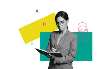 Composite photo collage of serious businesswoman write notepad planner to do task letters project notes isolated on painted background