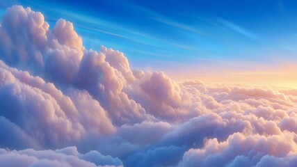 Expansive aerial view revealing layered cumulus clouds bathed in golden sunrise light, creating mesmerizing blue and pink atmospheric gradient across expansive sky horizon. - Powered by Adobe