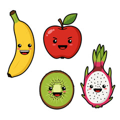Kawaii Fruit Characters: Banana, Apple, Kiwi, Dragon Fruit
