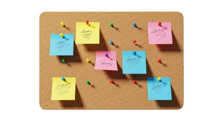 Cork board with colorful sticky notes and push pins isolated on transparent background