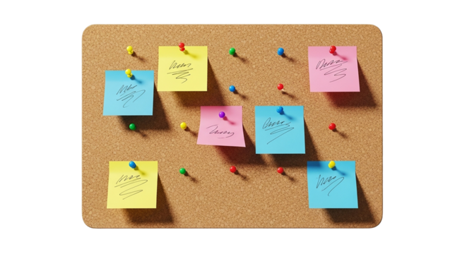 Cork board with colorful sticky notes and push pins isolated on transparent background