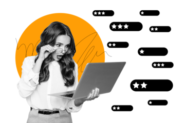 Composite trend 3D sketch image photo collage of office manager young lady stand hold laptop staring display shocked two star bad mark