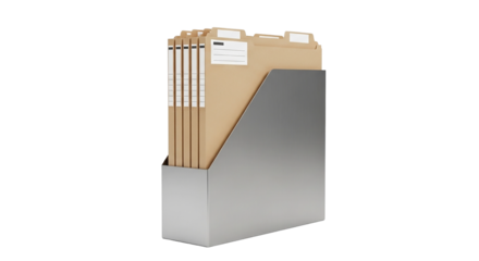 File folders in a metal holder isolated on transparent background, office supply