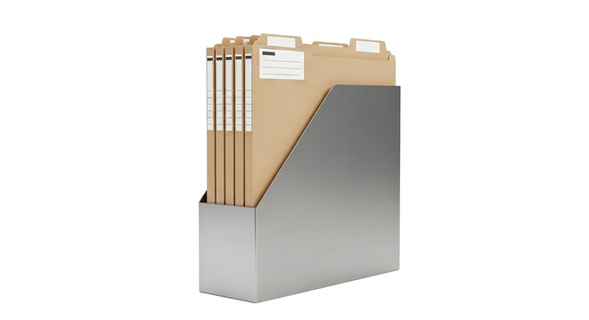 File folders in a metal holder isolated on transparent background, office supply
