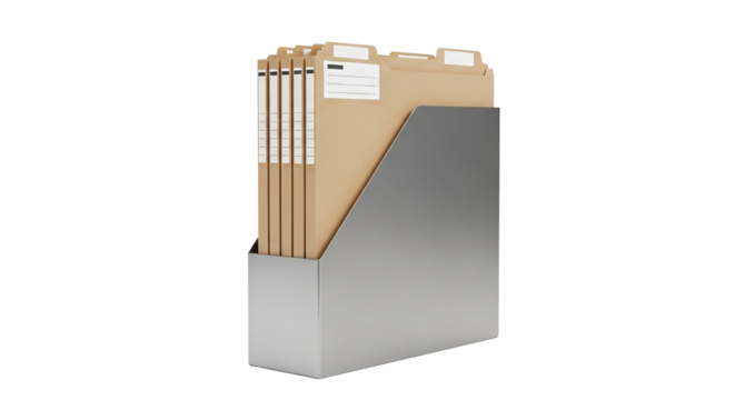 File folders in a metal holder isolated on transparent background, office supply
