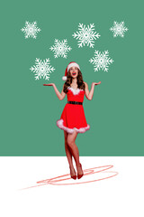 Vertical photo collage of amazed girl wear santa claus dress hat snowflakes decor winter masquerade party isolated on painted background