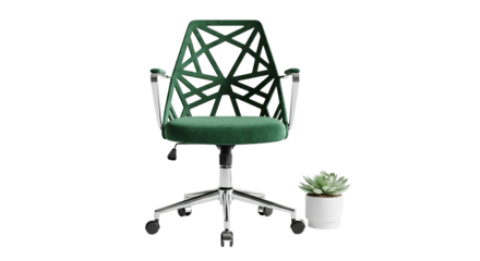 Green velvet office chair with geometric back isolated on transparent background