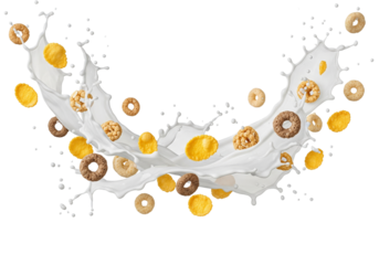 Dynamic Cereal & Milk Splash: Golden Flakes & Rings Swirling