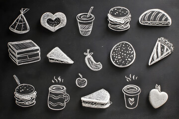 Blackboard doodles of food lunchbox and biscuits in chalk style