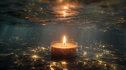 Surreal concept of a burning candle submerged in water with golden reflections