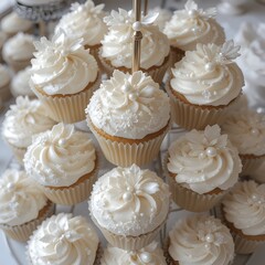 Wedding Cupcakes Elegant white cupcakes with lace-patterned frosting
