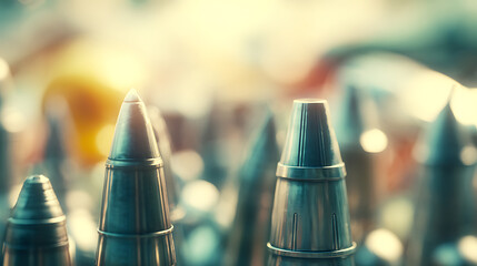 Close-up of metallic cone-shaped objects with blurred background, suggesting industrial or mechanical components.