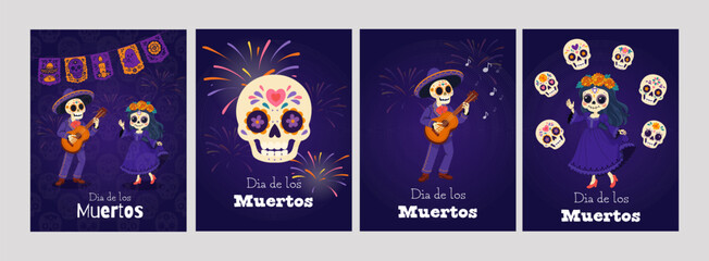 Set of Dia de los Muertos greeting cards with skeletons and skulls