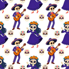 Seamless Dia de los Muertos pattern with skeleton couple and sugar skulls