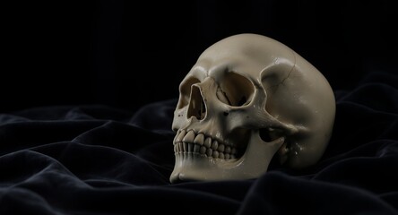 Fototapeta premium Human Skull on Dark Fabric, Halloween, Gothic, Anatomy, Death, Mystery, Still Life Photography