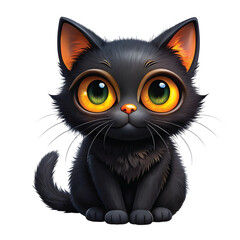 Obraz premium Cartoon Black Cat: A cute cartoon black cat with big yellow eyes, sitting, Halloween theme, PNG style.