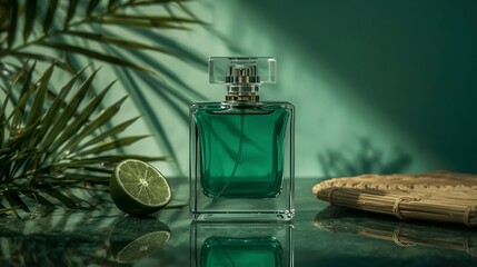 Photorealistic emerald green perfume bottle, unbranded, with tropical leaves, lime slice, and bamboo mat.