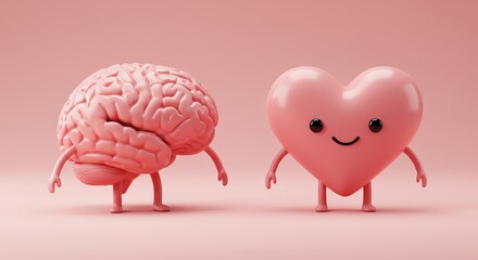 Brain and heart characters on pink background
