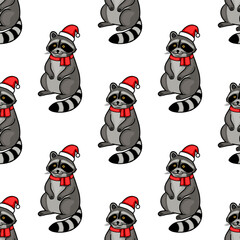 Seamless vector pattern featuring adorable cartoon raccoons wearing Santa hats and red scarves, perfect for festive winter designs.
