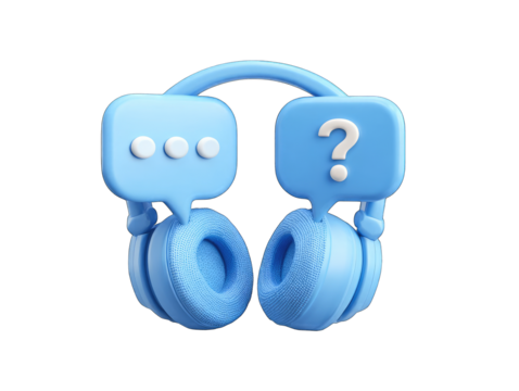 Blue headphones with chat bubble and question mark