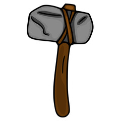 A charming vector illustration of a Stone Age hand axe, featuring a grey stone head secured with brown leather straps to a dark brown wooden handle, perfect for prehistoric-themed projects.
