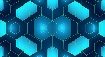 Abstract blue hexagonal geometric pattern with glowing lines and nodes, suggesting a digital network or futuristic technology.