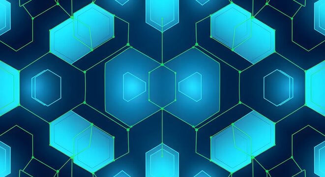 Abstract blue hexagonal geometric pattern with glowing lines and nodes, suggesting a digital network or futuristic technology.