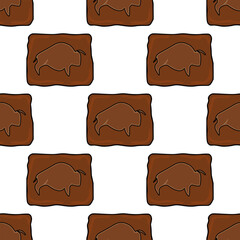 Seamless vector pattern featuring stylized brown bison cave paintings on rectangular brown plaques, creating a prehistoric-themed repeating design.