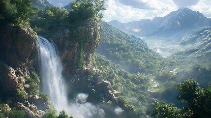 Breathtaking view of a majestic waterfall cascading down a rocky cliff amidst a lush green valley, with distant mountains shrouded in mist under a cloudy sky