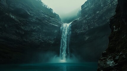 A dramatic waterfall plunges into a turquoise pool, surrounded by dark, mossy cliffs and shrouded in mist, creating a mysterious and serene scene