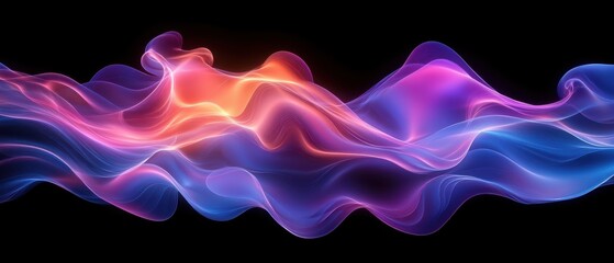 A dynamic 3D rendering of an abstract fluid holographic wave in neon hues, set against a dark backdrop. a gradient design suitable for banners, backgrounds. Abstract dark holographic iridescent neon