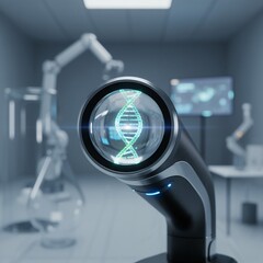 DNA molecule in the eyepiece of a futuristic microscope. DNA research with microscope in futuristic laboratory