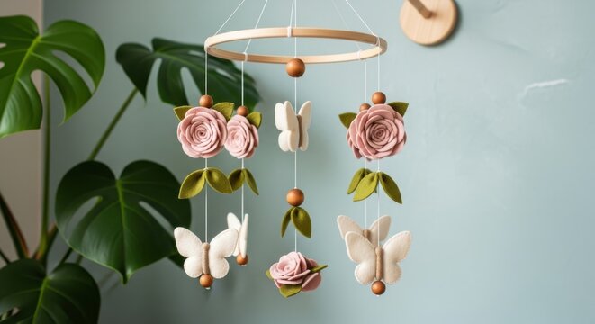 Beautiful baby mobile with flowers and butterflies for nursery decor