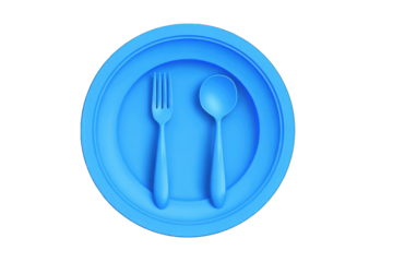 Blue circular plate with a fork and spoon