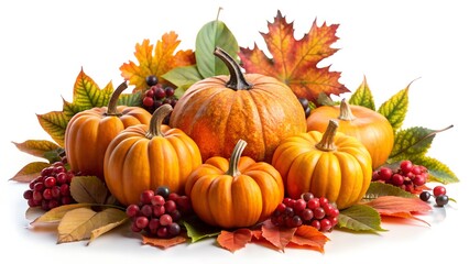 Autumn pumpkins and fall leaves isolated on white background